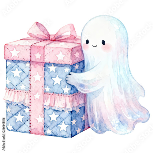 A sweet watercolor ghost hugging a gift box decorated with stars and stripes and tied with a pink bow, evoking a sense of whimsical charm and holiday spirit.