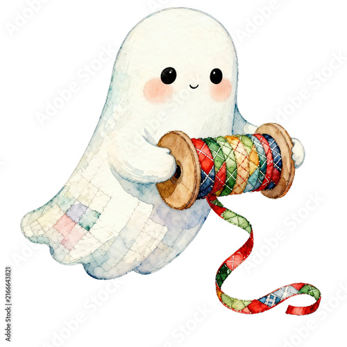 A charming watercolor illustration depicts a cute ghost holding a spool of colorful thread, perfect for adding a whimsical touch to your creative projects.