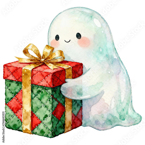A cute ghost holding a wrapped gift with a golden ribbon, illustrated in a charming watercolor style, perfect for holiday or spooky-themed designs.