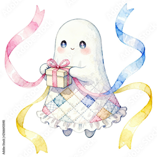 A charming watercolor illustration of a friendly ghost holding a gift box, adorned with colorful ribbons. The ghost has big, expressive eyes and wears a patchwork dress.