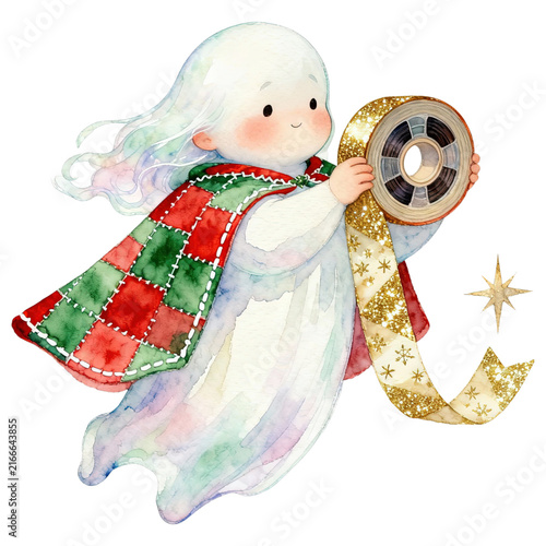 A whimsical watercolor illustration depicts a gentle, angelic spirit with flowing white hair, clad in a cozy, patchwork quilt cape, and holding a roll of festive gold ribbon adorned with snowflakes.