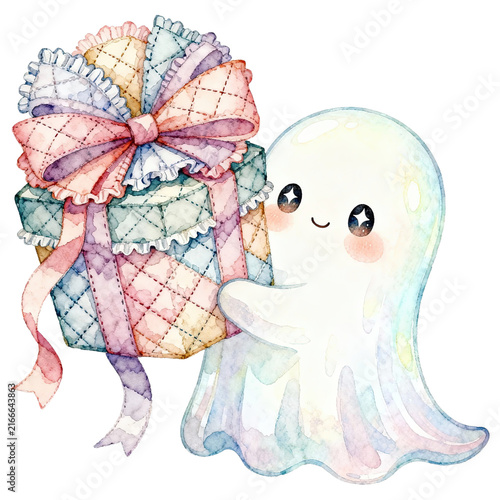 A cute, whimsical watercolor ghost character joyfully presents a beautifully wrapped gift adorned with a colorful, ruffled bow, perfect for celebrations and festive occasions.