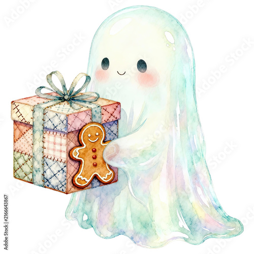 A whimsical, translucent ghost character gently holds a beautifully wrapped present, adorned with a festive gingerbread man cookie, radiating a sense of cute, playful charm and holiday spirit.