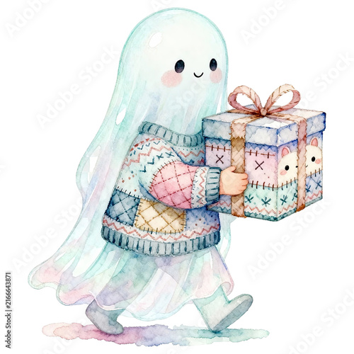 A cute, translucent ghost character adorned in a charming patchwork sweater and holding a beautifully wrapped gift, rendered in a whimsical watercolor style.