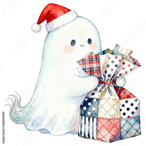 A cute watercolor ghost wearing a Santa hat, holding a patchwork gift bag with a happy expression. Perfect for holiday invitations or festive greetings.