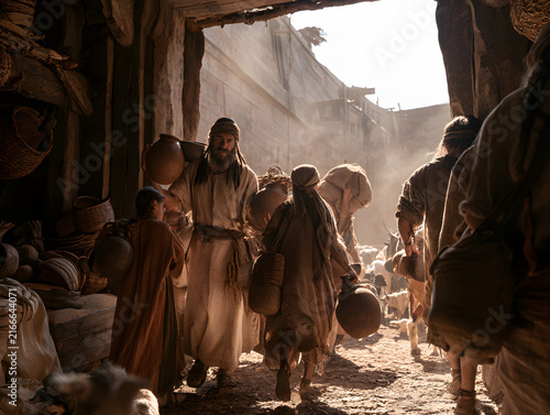 Ancient people carrying supplies and pottery through a wooden gateway in a sunlit, dusty desert village