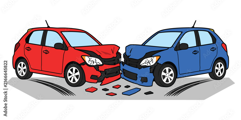 Fototapeta premium Two Damaged Cars in Head-On Collision Showing Road Traffic Accident and Vehicle Crash