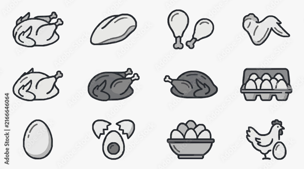 Obraz premium Professional Line Drawing Set of Poultry and Egg Illustrations in Monochrome Shades for Food Cooking or Agricultural Projects