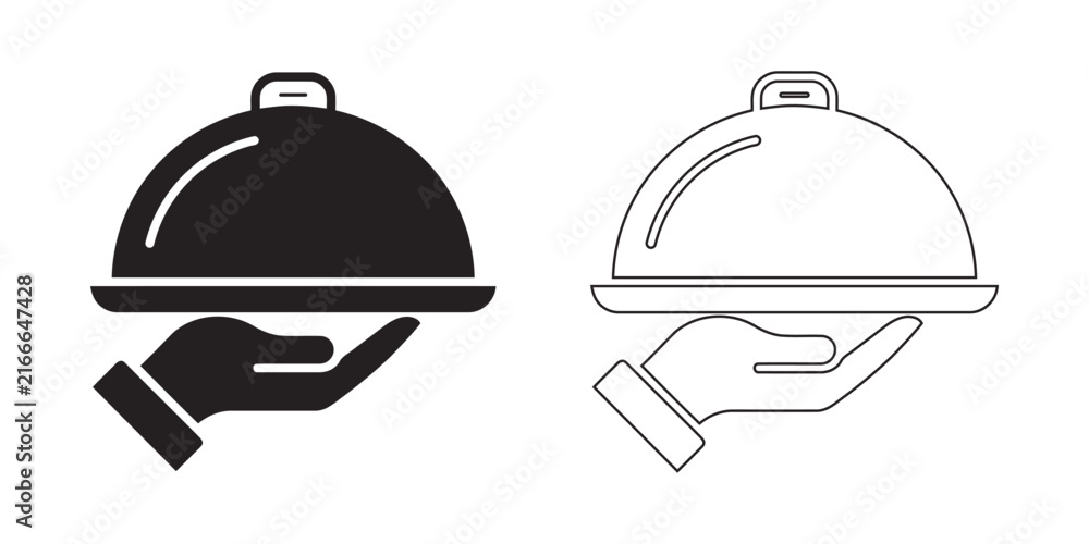 Fototapeta premium Set of waiter hand holding a food serving cloche platter icons in solid and outline design styles