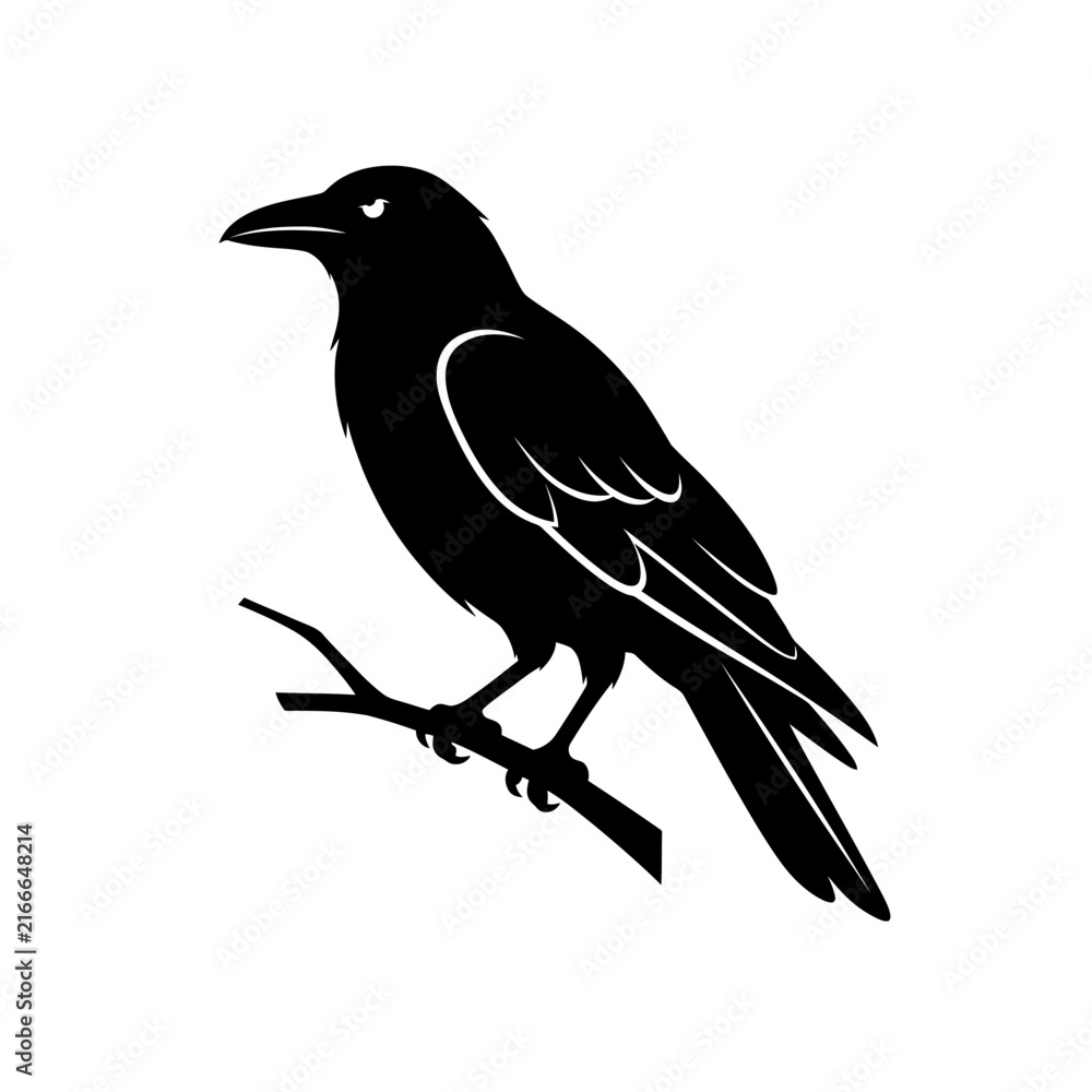 Obraz premium Crow silhouette isolated on white background, black bird on branch vector illustration, symbol design icon