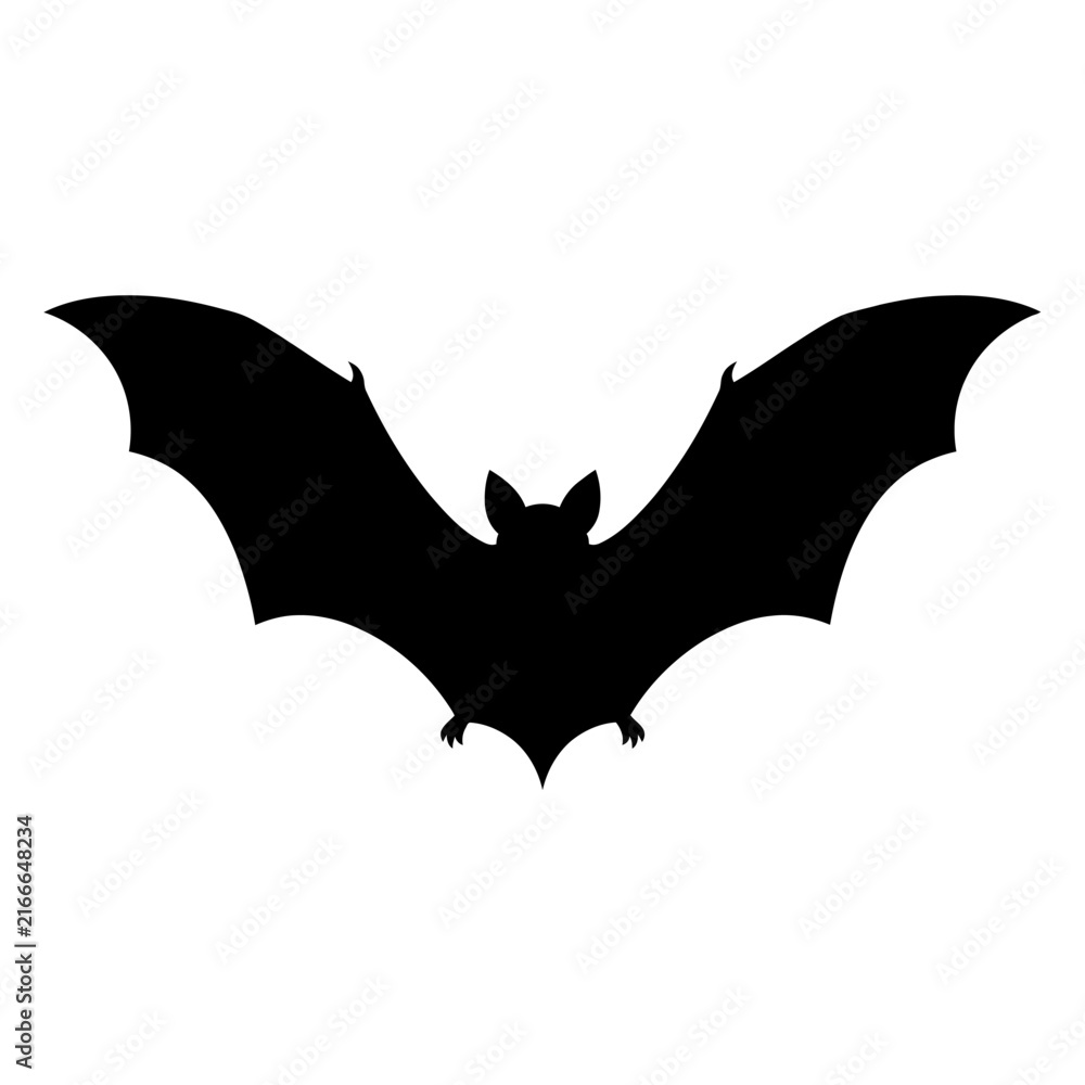 Fototapeta premium Black flying bat silhouette vector illustration. Halloween animal sign. Spooky creature outline design. Scary mammal icon for logos and decorations.