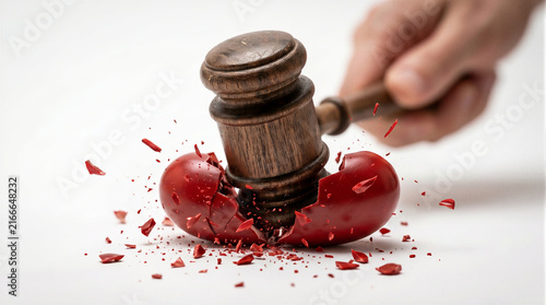 Judge's gavel shattering a red heart conceptualizing divorce