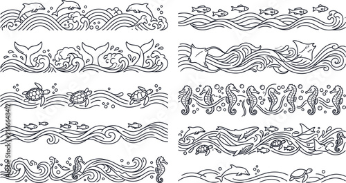 Marine life seamless border patterns with ocean waves and sea creatures outline vector set