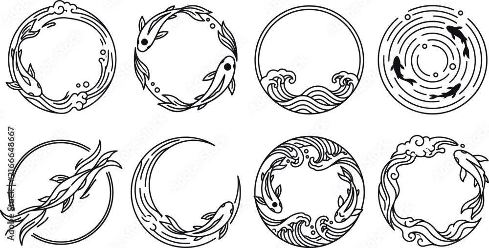 Fototapeta premium Round frames with koi fish and water waves vector set in black line art style for badges
