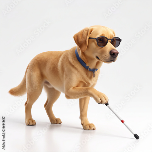 Blind golden retriever dog wearing sunglasses and holding cane conceptualizing guide assistance isolated on background