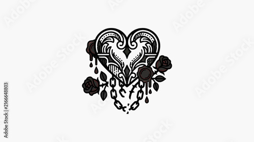 Photography Gothic ornamental heart illustration with intricate filigree patterns, surrounded by dark roses, thorny stems, dripping liquid droplets, and broken metal chains on white background
