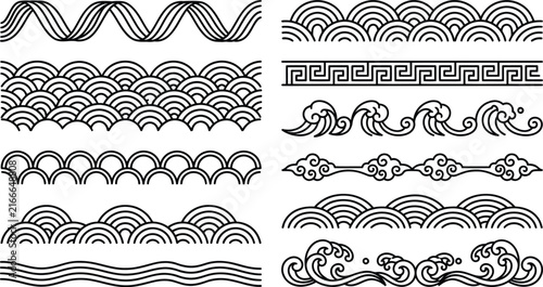 Set of black traditional oriental border wave designs on transparent background for asian frame templates