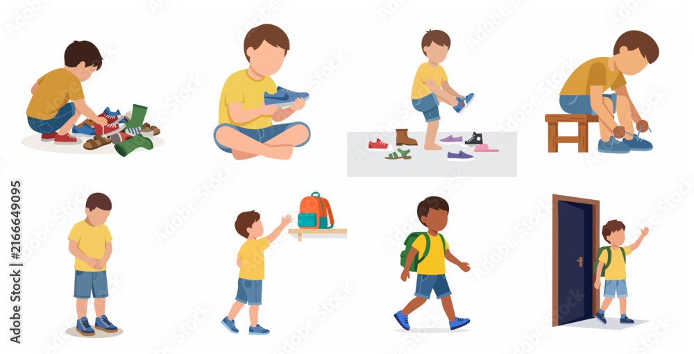 Fototapeta premium Little boy getting ready for school, choosing shoes, tying laces, and putting on backpack vector illustration set