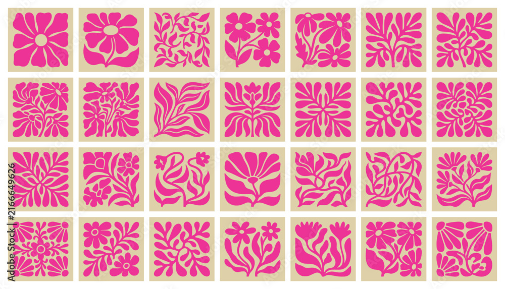 Obraz premium Pink floral block print tile set. abstract meadow flower silhouettes, rustic botanical stamps, leaf badges. for feminine artisan packaging, craft brand label. flat square vector graphic arts.