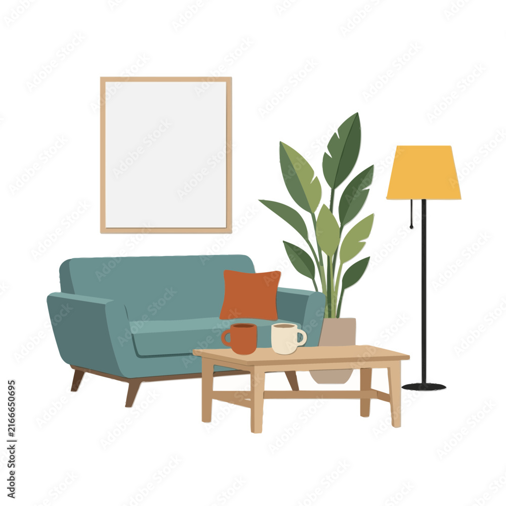 Fototapeta premium Living room interior featuring a comfortable blue sofa, wooden coffee table with two mugs, tall potted houseplant, floor lamp, and wall picture frame on a plain background.