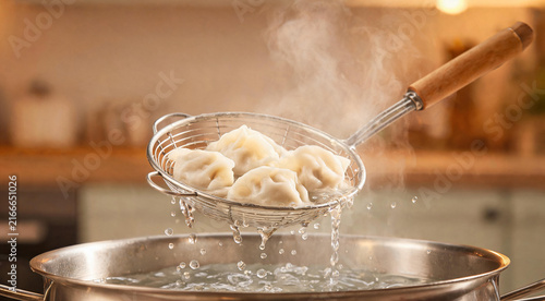 Strainer lifting freshly cooked steaming dumplings from pot onto serving plate