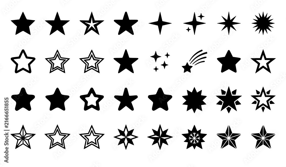 Fototapeta premium Large Star Sparkle Shine Rating and Christmas Black Vector Icon Collection