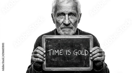 An elderly man with deep wrinkles and a wise expression holds a chalkboard with the message 