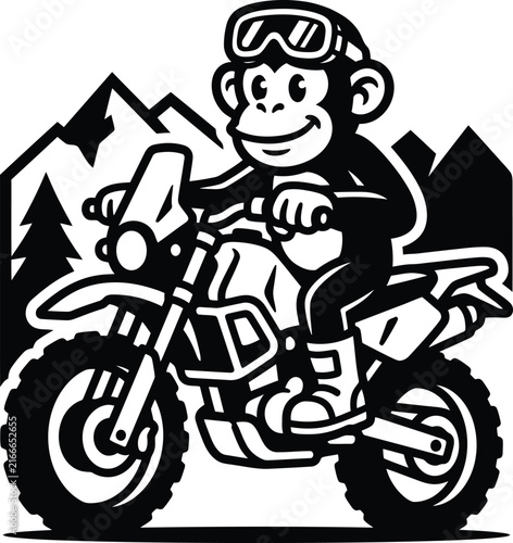 Photography A fun black and white sketch of a happy cartoon monkey riding a rugged dirt bike
