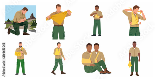 Foto Wilderness first aid infographic set showing how to apply a triangular bandage arm sling for an injured arm
