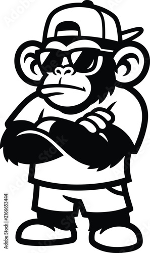 Photography A cool cartoon monkey wearing a baseball cap and sunglasses standing with arms crossed in a hip hop fashion style