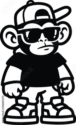 Photography A cool cartoon monkey character wearing a trendy cap and sunglasses in a street style look