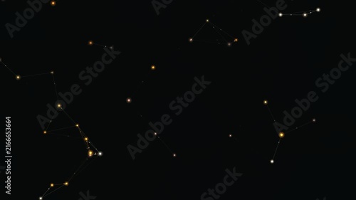 Abstract digital glowing golden plexus network nodes connecting lines on black background technology concept