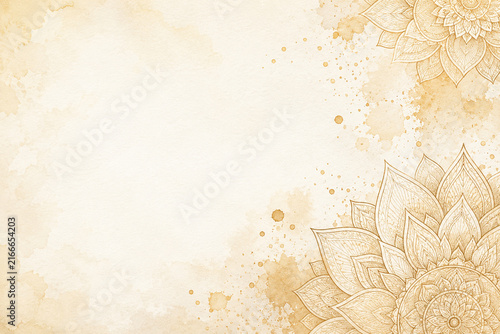 Elegant vintage beige watercolor background featuring detailed mandala corner decoration floral design