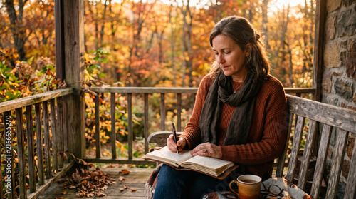 Middle aged woman wearing a warm brown sweater and scarf sits peacefully on a wooden porch bench writing in a journal while surrounded by vibrant autumn foliage during sunset light.