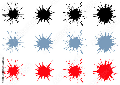 Set of 12 black, blue and red flat vector splatter burst shapes with spiky splash edges, ideal for grunge design, impact effect and abstract decorative elements.
