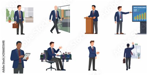 Professional Businessman Character Set in Various Office Scenarios, Corporate Executive Vector Illustrations for Business Presentation and Leadership Concepts