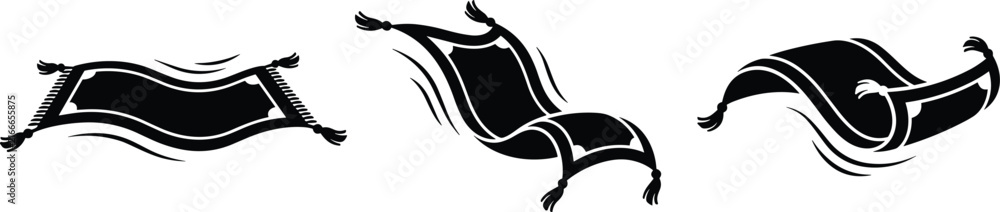 Fototapeta premium Flying Magic Carpet Silhouette Vector Set with Tassel Accents and Wavy Motion Lines for Arabian Fairytale and Aladdin Fantasy Designs