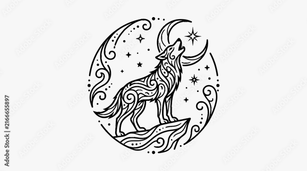 Naklejka premium Black and white circular line art illustration of a howling wolf on a cliff edge, featuring intricate tribal swirls, a crescent moon, and stars in a celestial night sky setting.