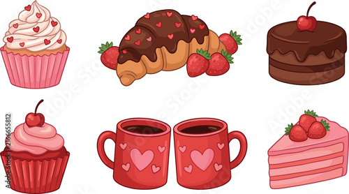  Valentine day sweet dessert and coffee icon set with chocolate cake cupcakes croissant and strawberry symbols for romantic holiday graphic designs