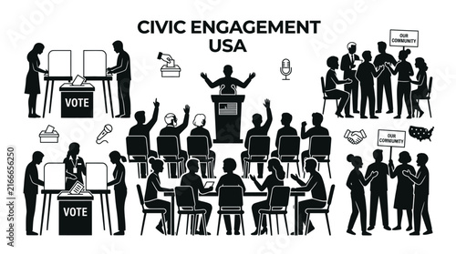 Foto Collection of silhouettes representing civic engagement voting and political activism in the United States