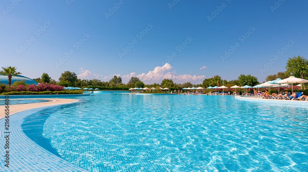 Fototapeta premium Wide angle view of a sunny outdoor waterpark featuring a large swimming pool with mosaic tile patterns and lounge chairs under umbrellas in a lush green landscape