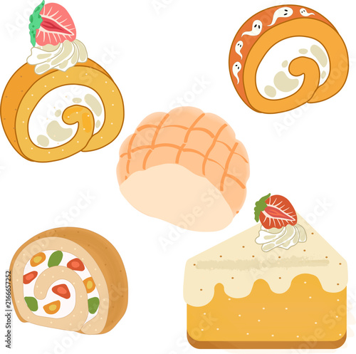 Cute set of Japanese bakery items, sweet cake slices, fruit roll cakes, and melon bread vector illustration isolated on white background