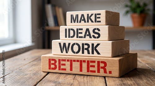 Make Ideas Work Better motivational text on wooden blocks, business strategy concept, creative office workspace inspiration
