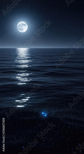 Glowing moonlight reflects on calm dark ocean waves under a vast starry sky with distant bioluminescent sparkles near the deep water surface, lunar, infinite, aquatic