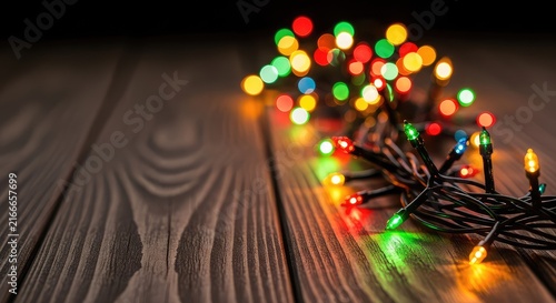 Glowing multicolored Christmas lights draped elegantly over a weathered dark wooden surface, creating a warm and festive holiday atmosphere, christmas, festive, card