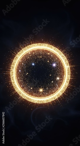 Golden circular frame with glowing light lines and shimmering glitter particles floating on a dark background, creating a magical portal, vfx, glow, luminous