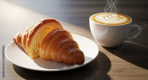 Golden flaky croissant on a white ceramic plate next to a steaming cup of latte art coffee on a rustic wooden table in soft morning light, butter, table, fresh