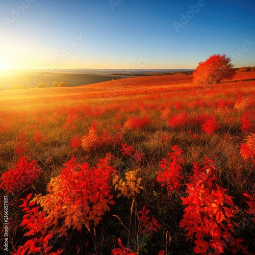 Golden sunlight bathes a rolling meadow filled with fiery red and orange foliage under a clear sky, creating a glowing seasonal landscape, grass, hills, sky