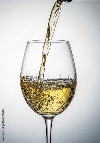 Golden white wine pours elegantly into a transparent crystal glass, generating delicate bubbles and soft ripples against a light backdrop, white wine, table, bright