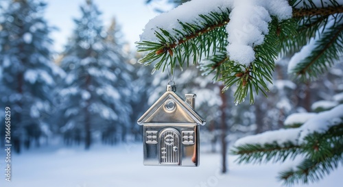 House shaped key ornament hanging on a snowy pine tree branch in a winter forest, real estate gift and new residential home moving concept, gift, scenic, frost